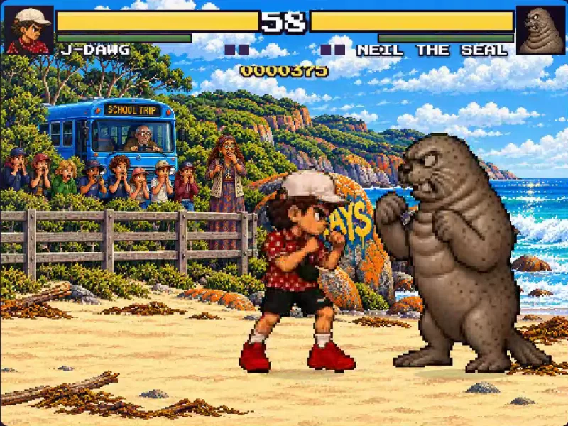 J-Dawg faces the final boss, Neil the Seal, on a Tassie beach